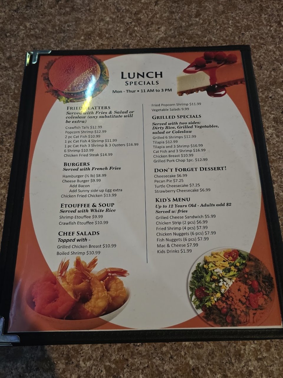 Menu page for seafood, steak, and lunch plates.